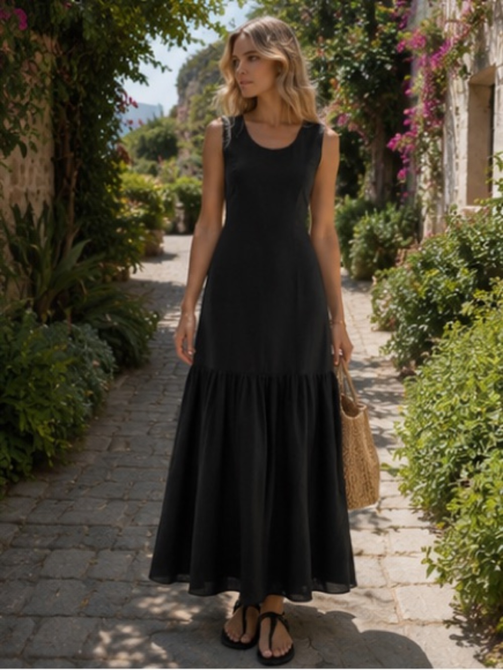 Sleeveless Black Maxi Dress with Tiered Skirt - Picture 3 of 11